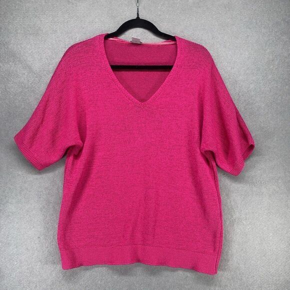 Chico's Size 1 M/8 Womens Sweater Hot Pink‎ Linen-Blend Elbow Sleeve Open Knit - Picture 1 of 13